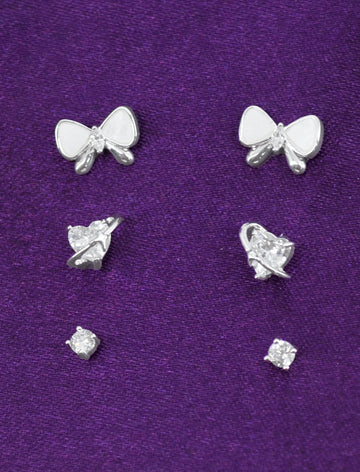 Butterfly and Heart Shape CZ Brass Silver Plated Set Of 3 Combo Stud Earring