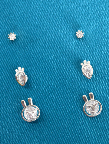 Carrot and Rabbit Shape CZ Brass Silver Plated Set Of 3 Combo Stud Earring