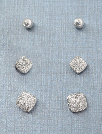 Round shape CZ silver plated set of 3 combo stud earrings