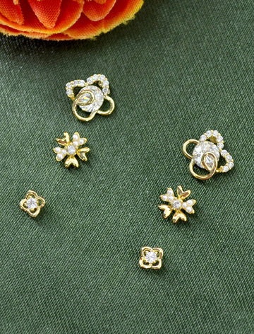 Jewellery for Travel and the Daily Commute: Pack, Skip, Care - Flower Design CZ Brass Gold Plated Set Of 3 Combo Stud Earring