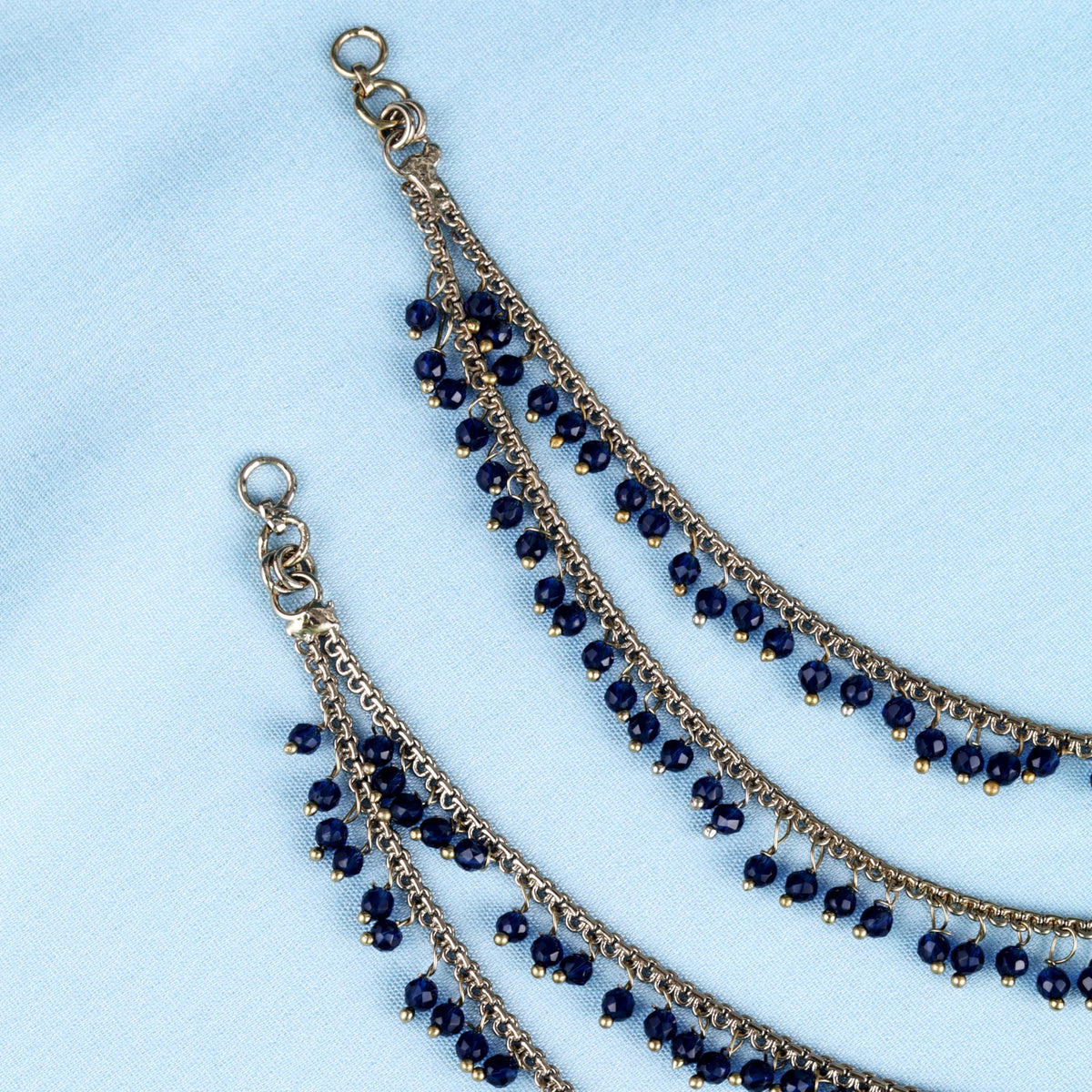 Saloni Fashion Jewellery 2 String Blue Pearl Gold Plated Set Of 2 Brass Ear-Chain (Kaanchain) For Women and Girls