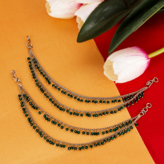 Saloni Fashion Jewellery 2 String Green Pearl Gold Plated Set Of 2 Brass Ear-Chain (Kaanchain) For Women and Girls