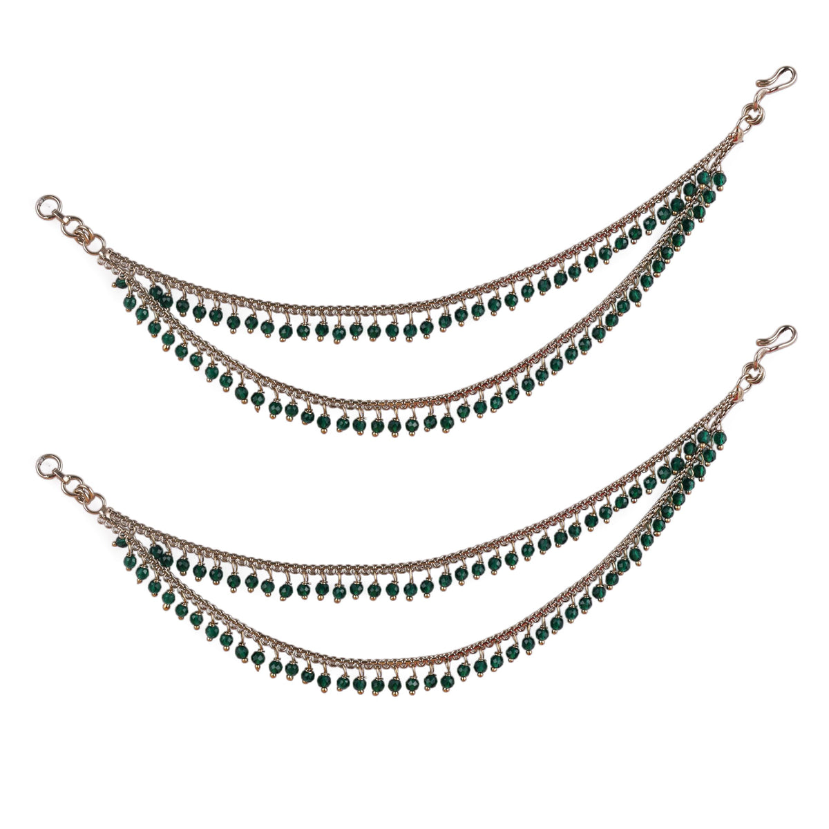 Saloni Fashion Jewellery 2 String Green Pearl Gold Plated Set Of 2 Brass Ear-Chain (Kaanchain) For Women and Girls