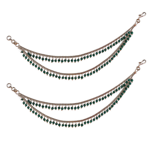 Saloni Fashion Jewellery 2 String Green Pearl Gold Plated Set Of 2 Brass Ear-Chain (Kaanchain) For Women and Girls