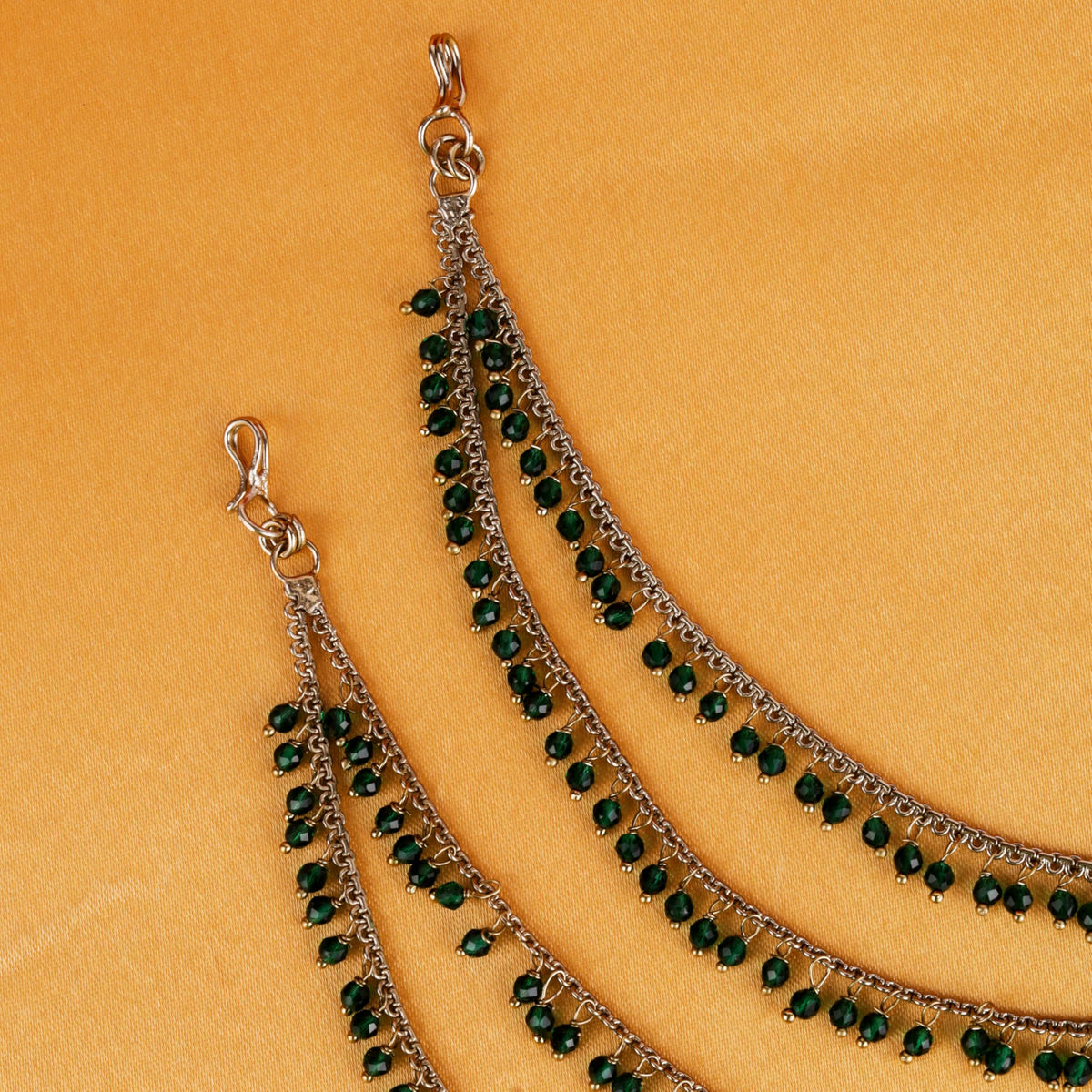 Saloni Fashion Jewellery 2 String Green Pearl Gold Plated Set Of 2 Brass Ear-Chain (Kaanchain) For Women and Girls