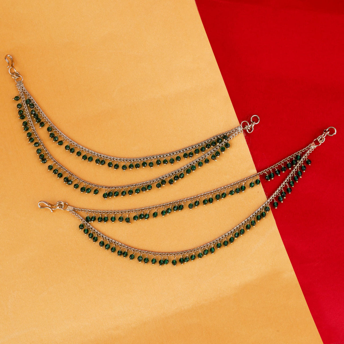 Saloni Fashion Jewellery 2 String Green Pearl Gold Plated Set Of 2 Brass Ear-Chain (Kaanchain) For Women and Girls