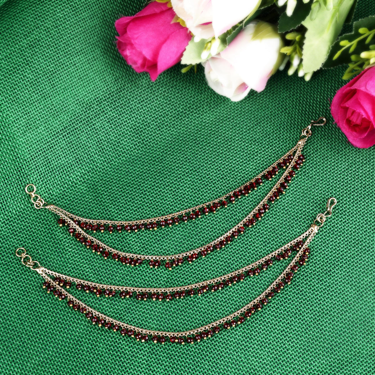 Saloni Fashion Jewellery 2 String Maroon Pearl Gold Plated Set Of 2 Brass Ear-Chain (Kaanchain) For Women and Girls