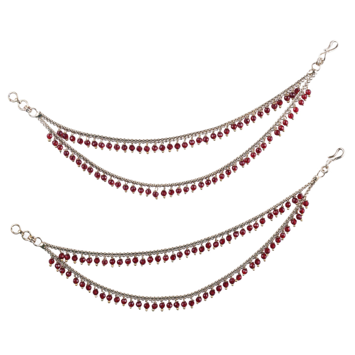 Saloni Fashion Jewellery 2 String Maroon Pearl Gold Plated Set Of 2 Brass Ear-Chain (Kaanchain) For Women and Girls