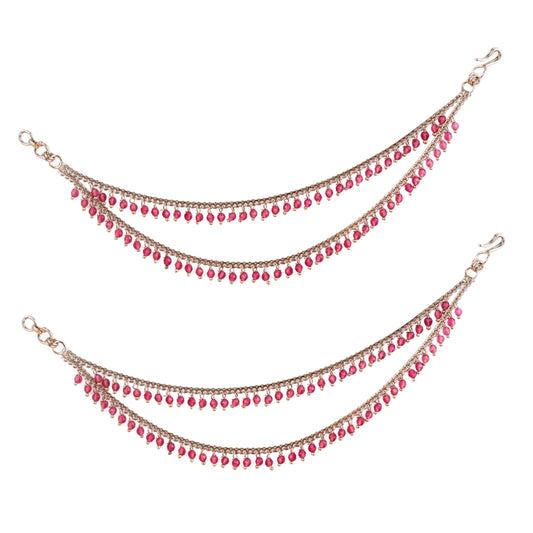 Saloni Fashion Jewellery 2 String Pink Pearl Gold Plated Set Of 2 Brass Ear-Chain (Kaanchain) For Women and Girls