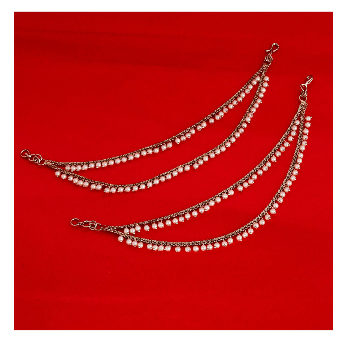 Saloni Fashion Jewellery 2 String White Pearl Gold Plated Set Of 2 Brass Ear-Chain (Kaanchain) For Women and Girls