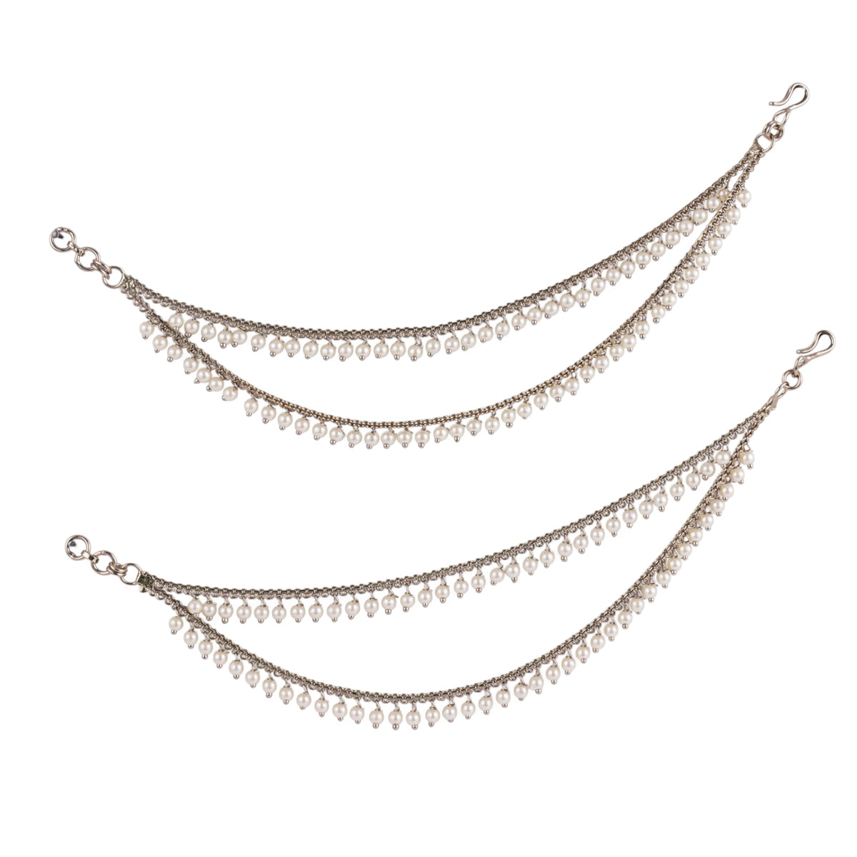 Saloni Fashion Jewellery 2 String White Pearl Gold Plated Set Of 2 Brass Ear-Chain (Kaanchain) For Women and Girls