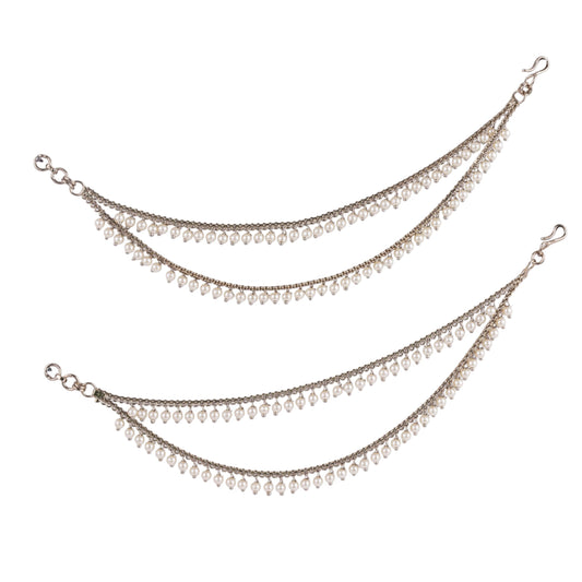 Saloni Fashion Jewellery 2 String White Pearl Gold Plated Set Of 2 Brass Ear-Chain (Kaanchain) For Women and Girls