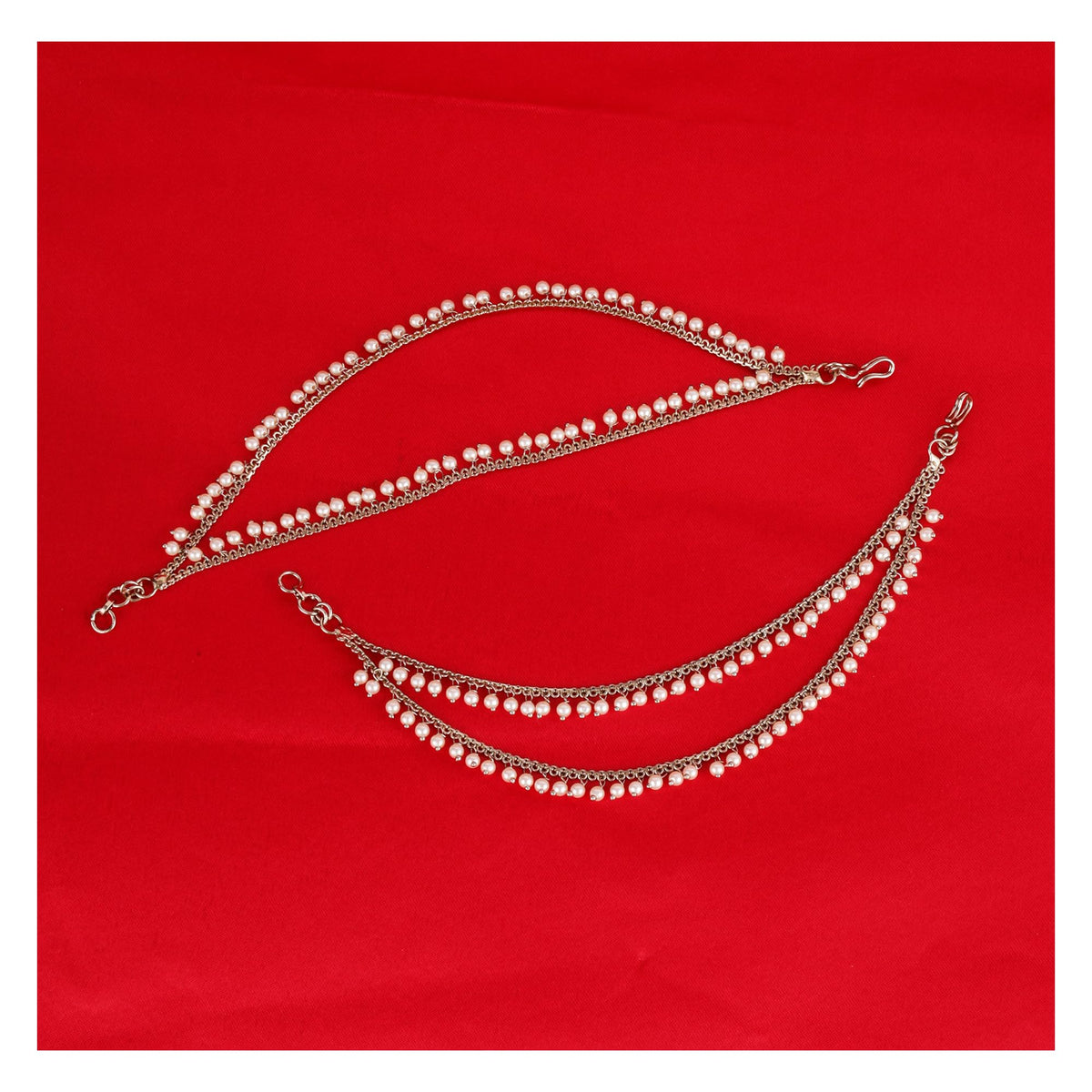 Saloni Fashion Jewellery 2 String White Pearl Gold Plated Set Of 2 Brass Ear-Chain (Kaanchain) For Women and Girls