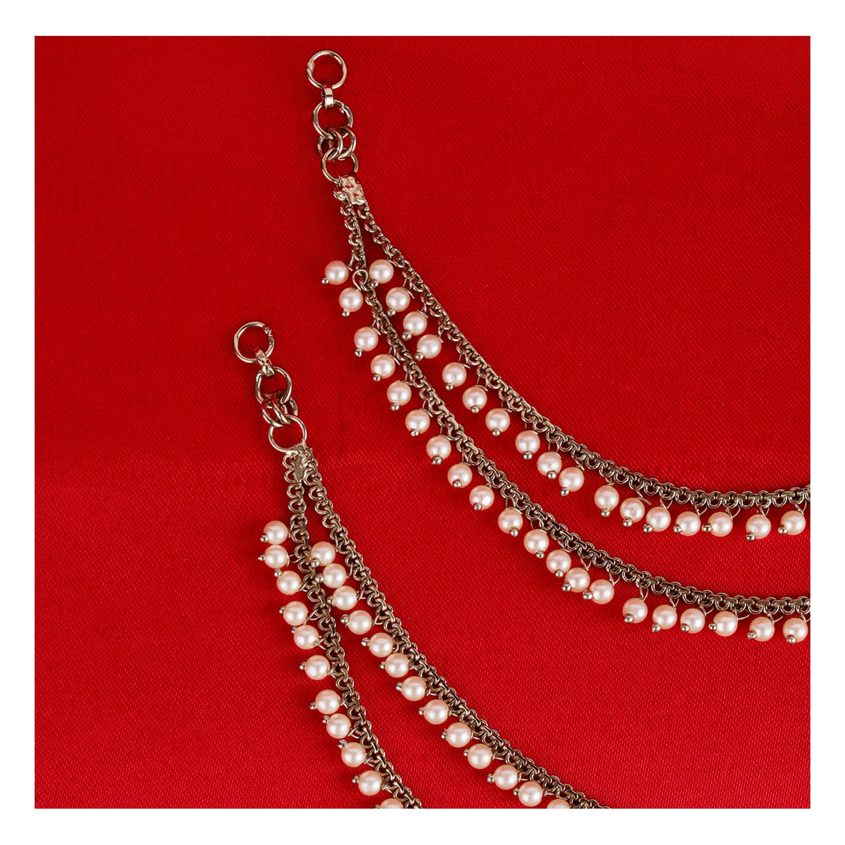 Saloni Fashion Jewellery 2 String White Pearl Gold Plated Set Of 2 Brass Ear-Chain (Kaanchain) For Women and Girls