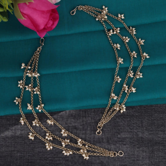 Saloni Fashion Jewellery 3 String Long Chain Gold Plated Combo Set of 2 Pearl Ear-Chain (Kaanchain) For Women