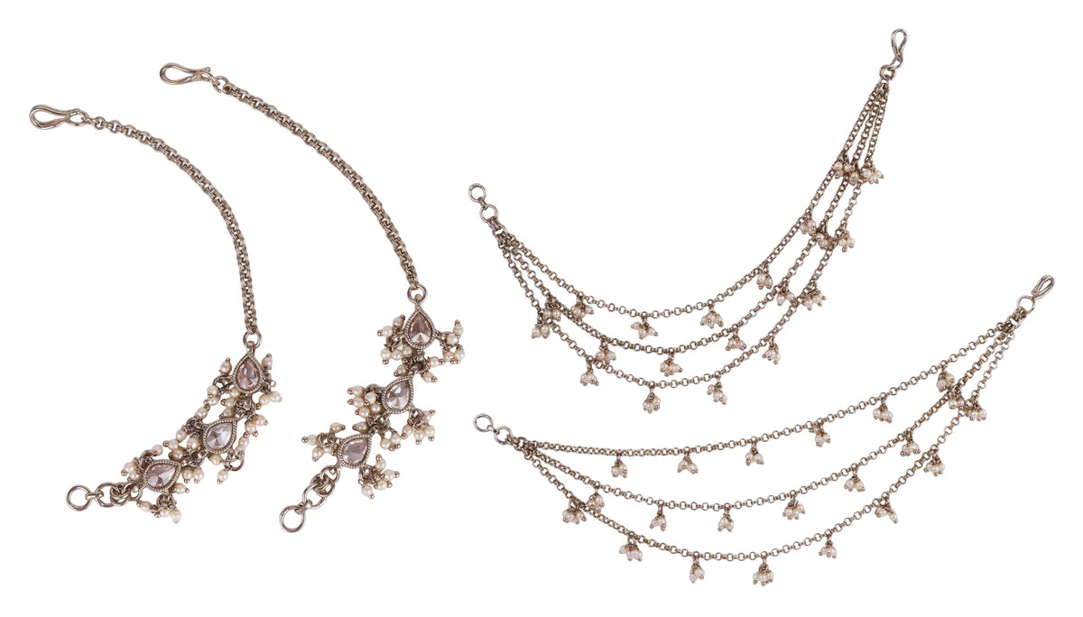 Saloni Fashion Jewellery 3 String Long Chain Gold Plated Combo Set of 2 Pearl Ear-Chain (Kaanchain) For Women - view 2