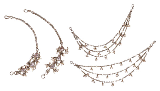 Saloni Fashion Jewellery 3 String Long Chain Gold Plated Combo Set of 2 Pearl Ear-Chain (Kaanchain) For Women