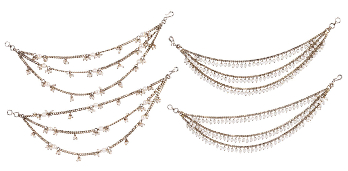 Saloni Fashion Jewellery 3 String Long Chain Gold Plated Combo Set of 2 Pearl Ear-Chain (Kaanchain) For Women - view 2