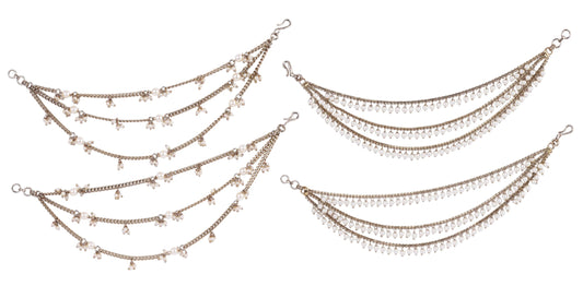 Saloni Fashion Jewellery 3 String Long Chain Gold Plated Combo Set of 2 Pearl Ear-Chain (Kaanchain) For Women