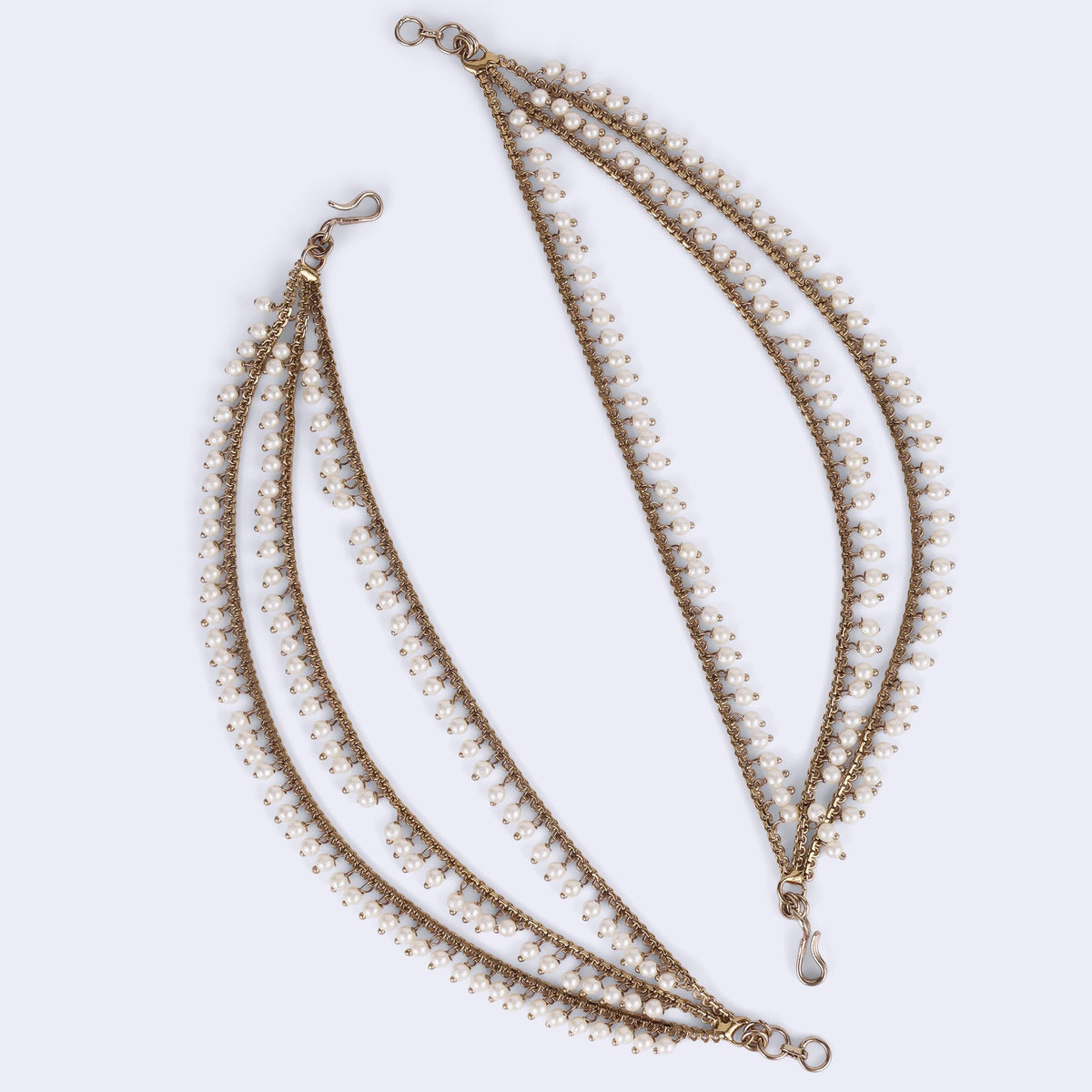 Saloni Fashion Jewellery 3 String Long Chain Gold Plated Set of 2 Pearl Ear-Chain (Kaanchain) For Women