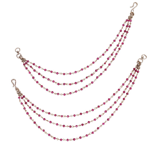 Saloni Fashion Jewellery 3 String Long Chain Red Bead Gold Plated Set of 2 Ear-Chain (Kaanchain) For Women