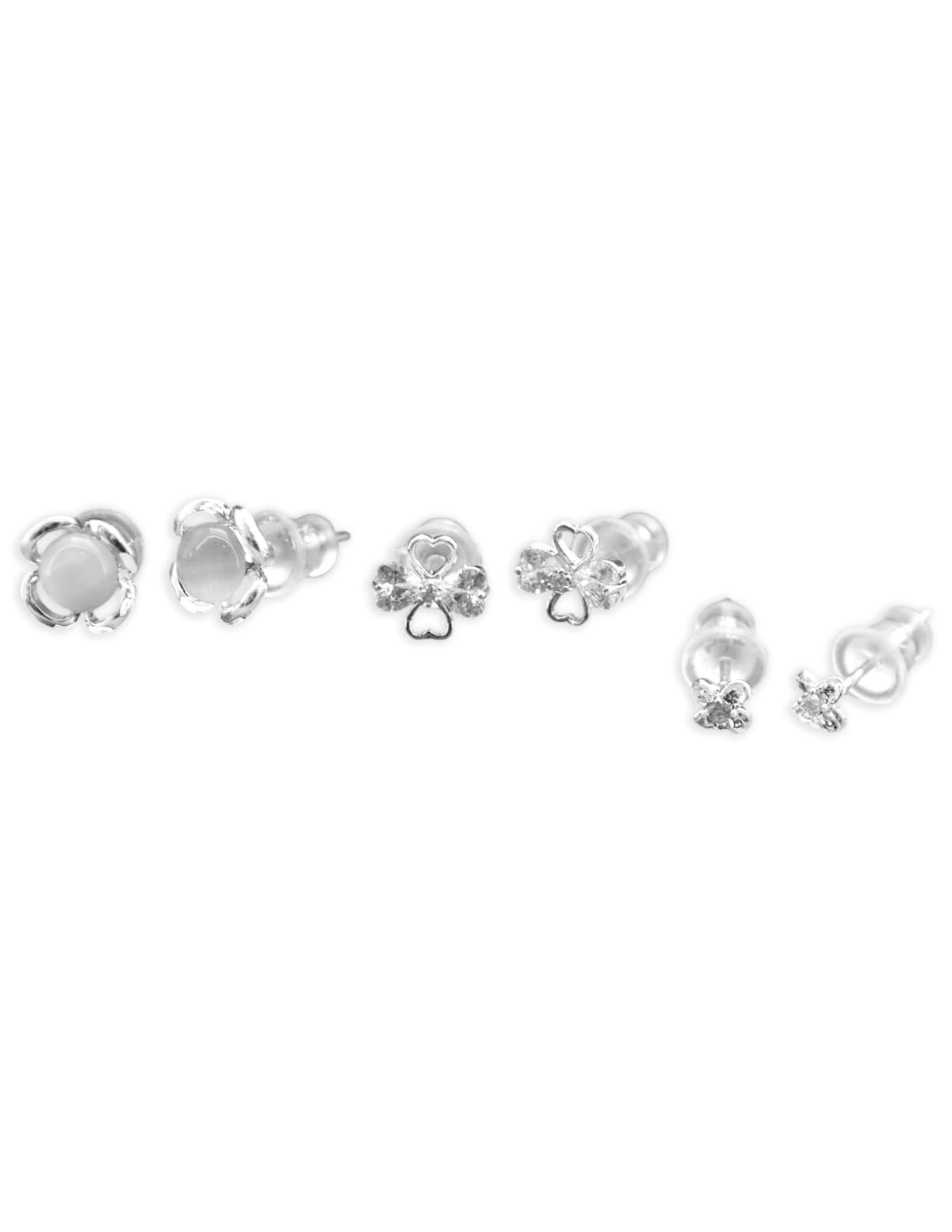 Saloni Fashion Jewellery Lovely Flower Design Pearl CZ Brass Silver Plated Set of 3 Combo Stud Earring For Women and Girls