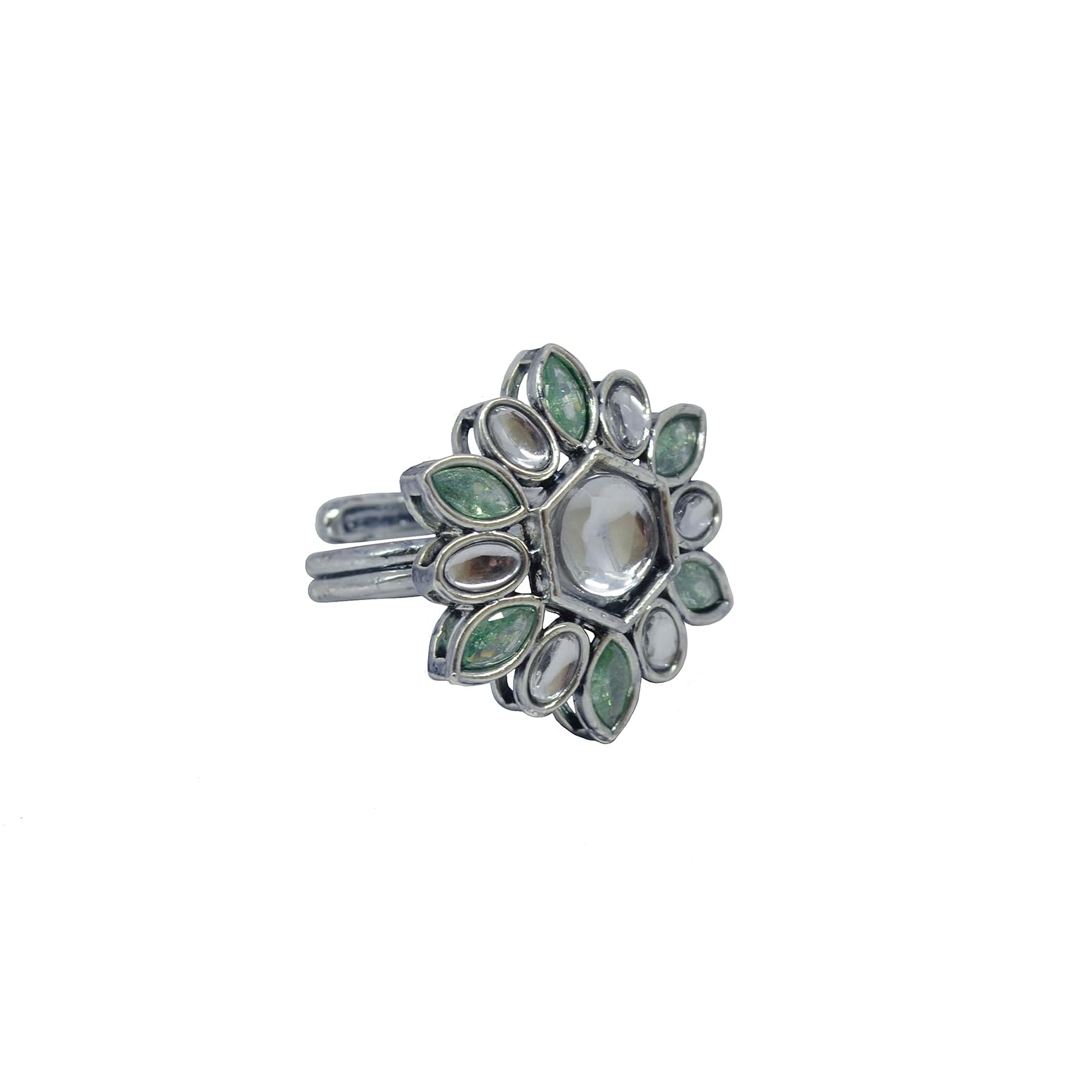 Saloni Fashion Jewellery Modish Flower Design Silver Plated Kundan Stone Adjustable Finger Ring For Women and Girls