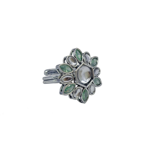 Saloni Fashion Jewellery Modish Flower Design Silver Plated Kundan Stone Adjustable Finger Ring For Women and Girls