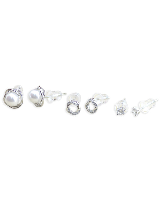 Saloni Fashion Jewellery Pretty Round Shape Mother of Pearl Combo of 3 Silver Plated Stud Earring For Women and Girls