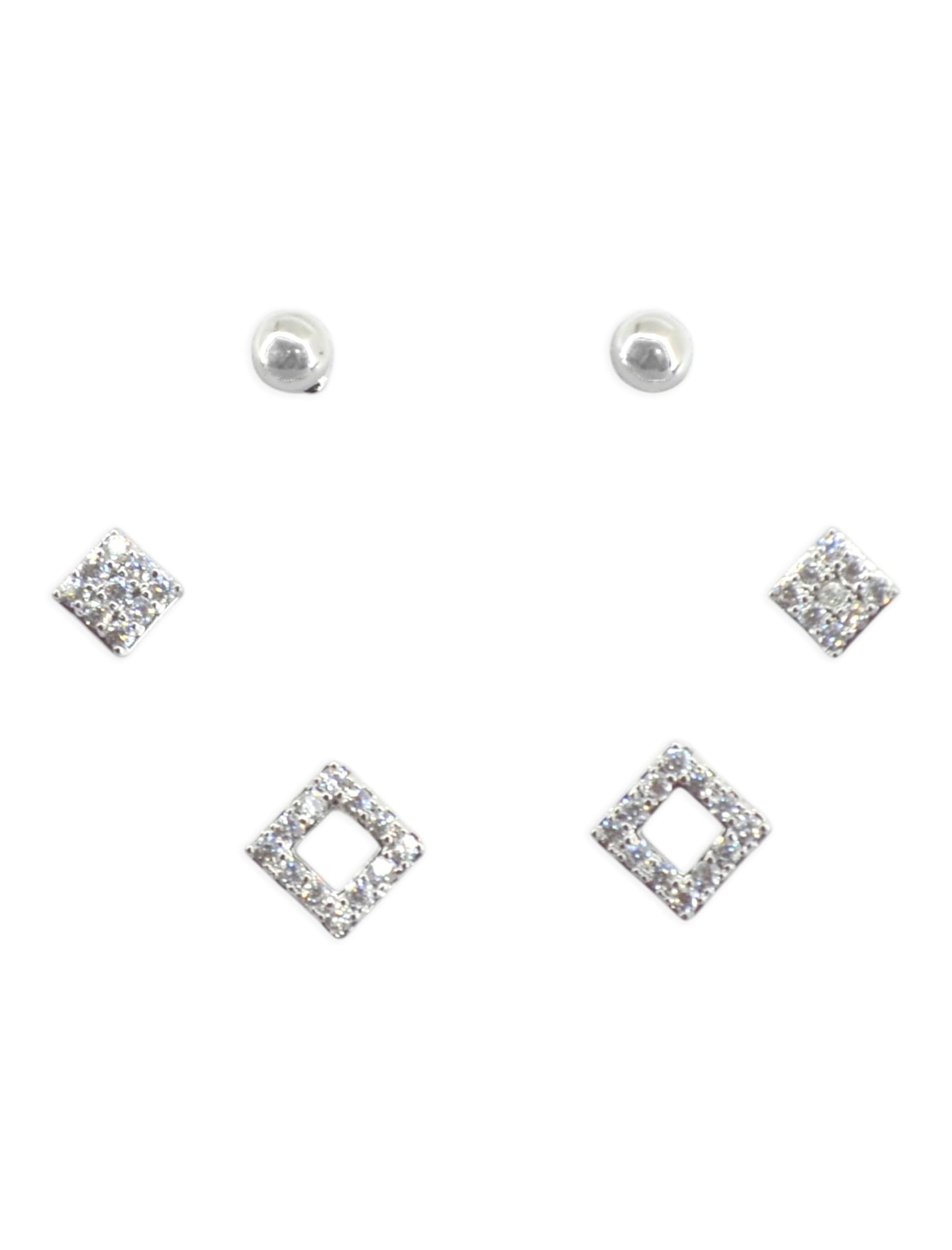 Saloni Fashion Jewellery Pretty Traingle Shape CZ Brass Silver Plated Set of 3 Combo Stud Earring For Women and Girls