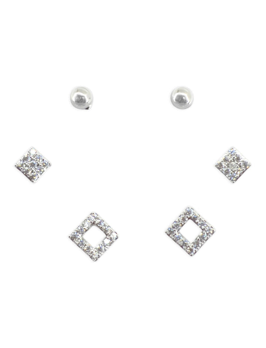 Saloni Fashion Jewellery Pretty Traingle Shape CZ Brass Silver Plated Set of 3 Combo Stud Earring For Women and Girls