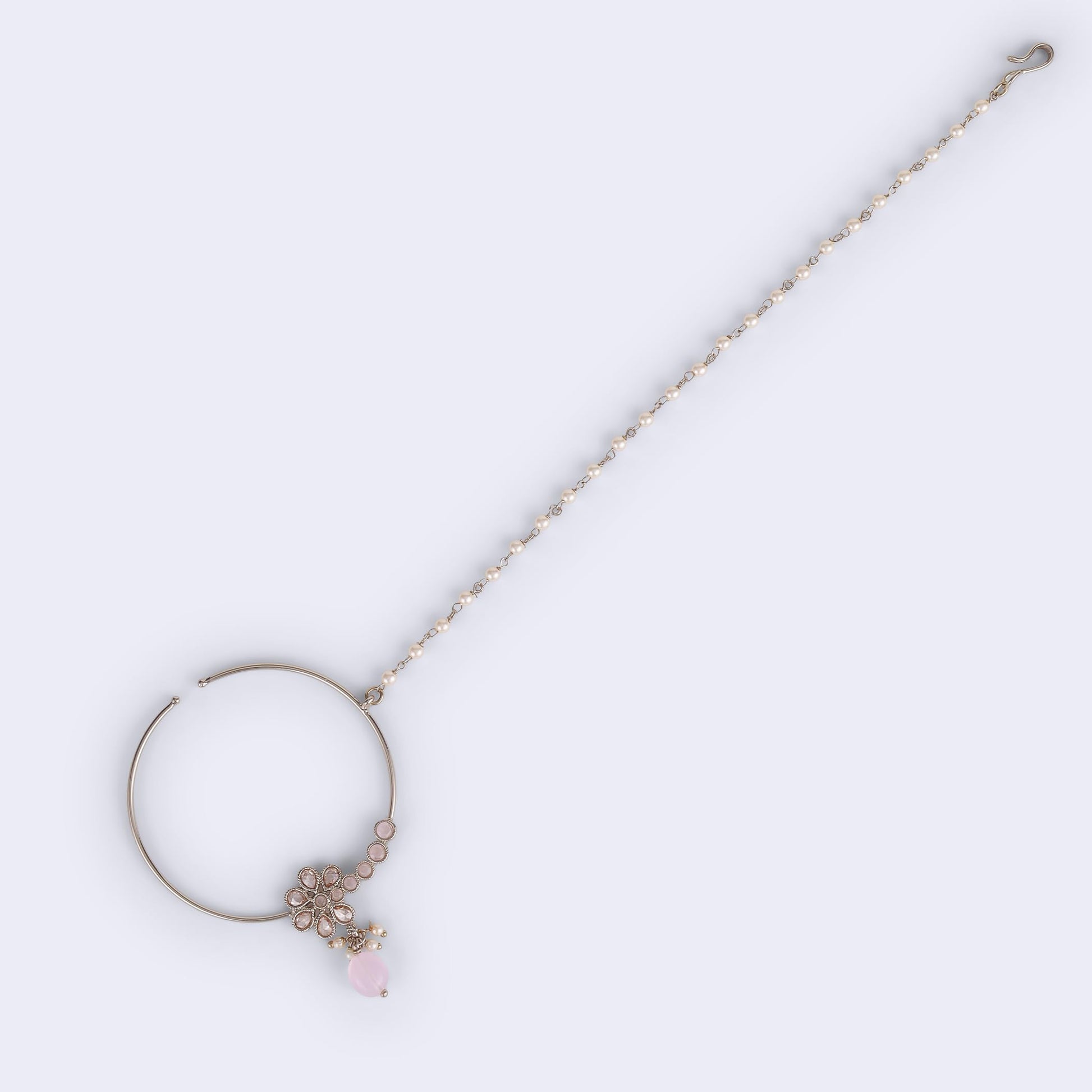 Saloni Fashion Jewellery Traditional Flower Design Crystal Gold Plated Nose Ring with Chain (Nathiya) For Women