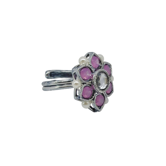 Saloni Fashion Jewellery Glorious Pear and Flower Design Silver Plated Kundan Stone Adjustable Finger Ring For Women and Girls