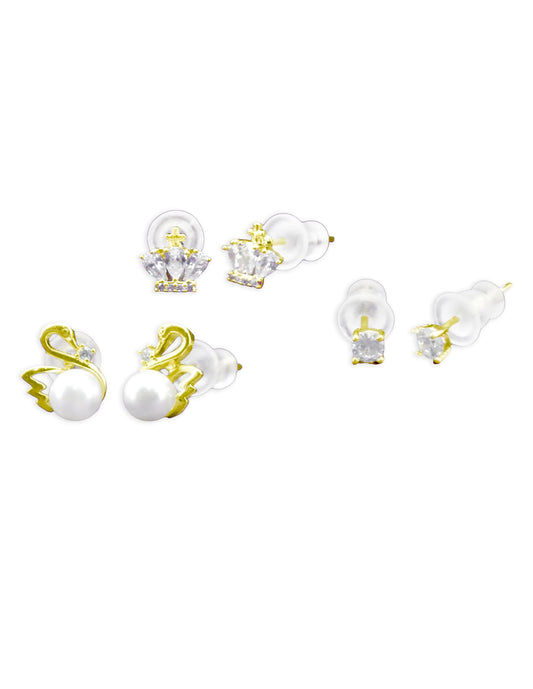 Saloni Fashion Jewellery Modern Duck Bird Design Pearl CZ Kundan Brass Gold Plated Set of 3 Combo Stud Earring For Women and Girls