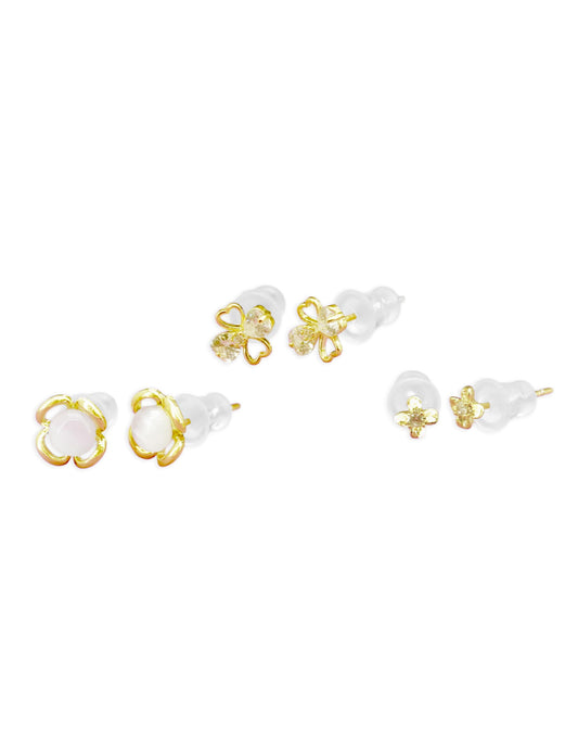 Saloni Fashion Jewellery Modish Flower Design Pearl CZ Brass Gold Plated Set of 3 Combo Stud Earring For Women and Girls
