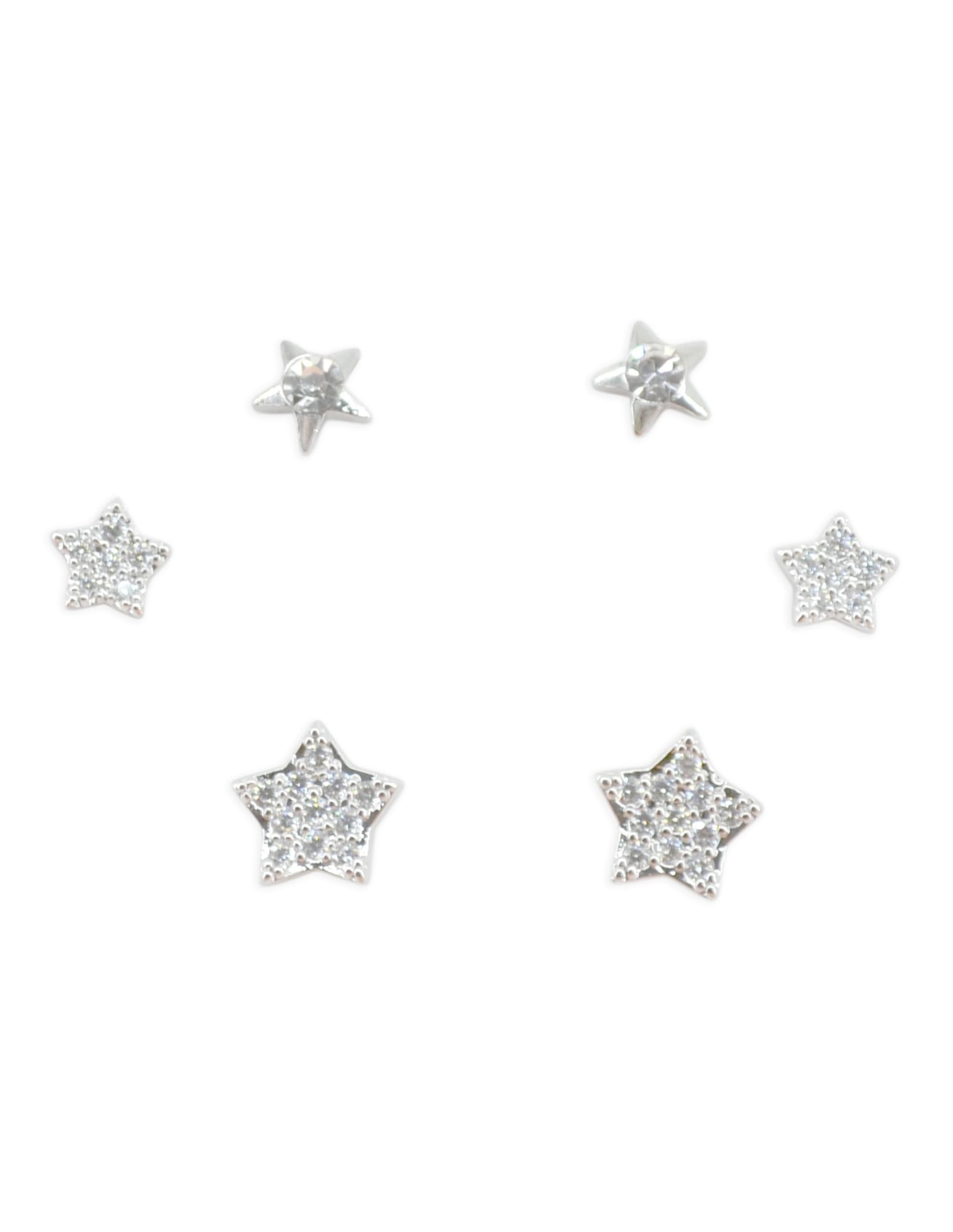 Saloni Fashion Jewellery Fine Star Design CZ Brass Silver Plated Set of 3 Combo Stud Earring For Women and Girls