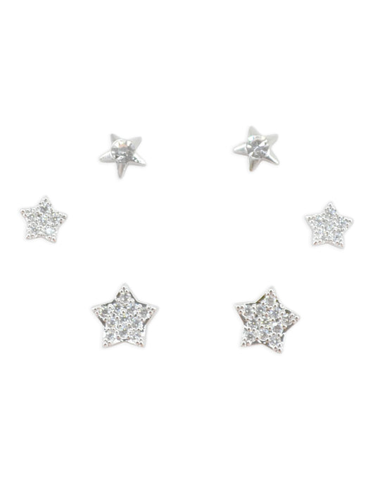 Saloni Fashion Jewellery Fine Star Design CZ Brass Silver Plated Set of 3 Combo Stud Earring For Women and Girls