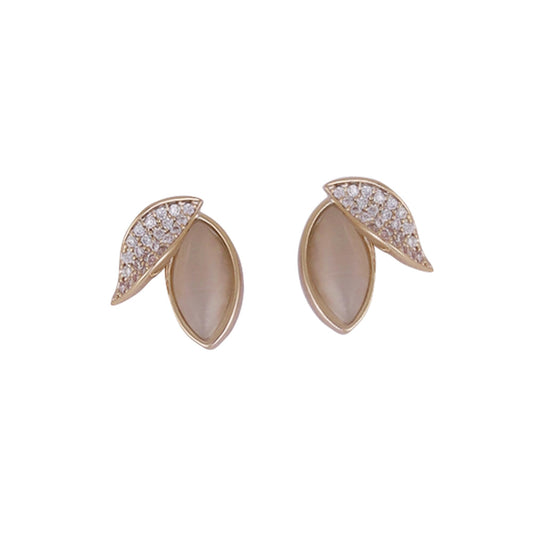 Saloni Fashion Jewellery Eye-Catchy Cat Eye Stone Leaf Gold Plated Stud Earring For Women