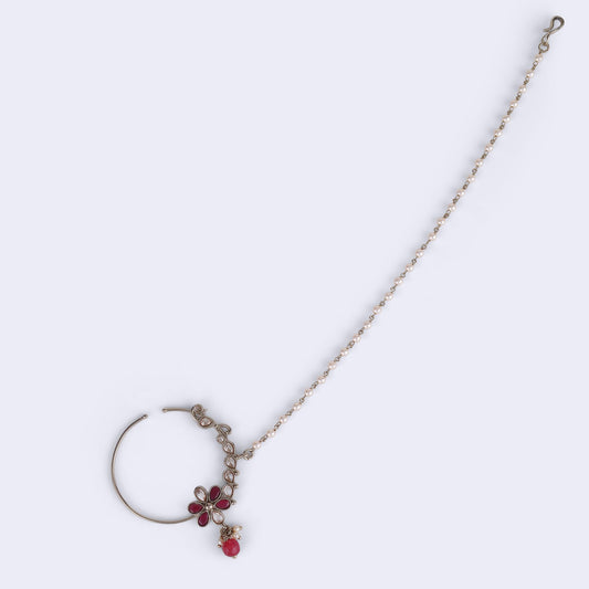 Saloni Fashion Jewellery Traditional Flower Design Crystal Gold Plated Nose Ring with Chain (Nathiya) For Women
