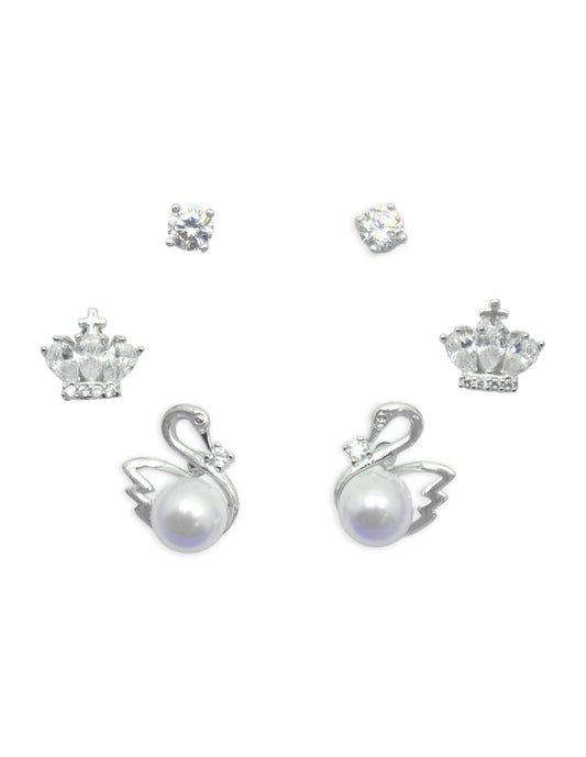 Saloni Fashion Jewellery Pleasing Duck Bird Design Pearl CZ Kundan Brass Silver Plated Set of 3 Combo Stud Earring For Women and Girls