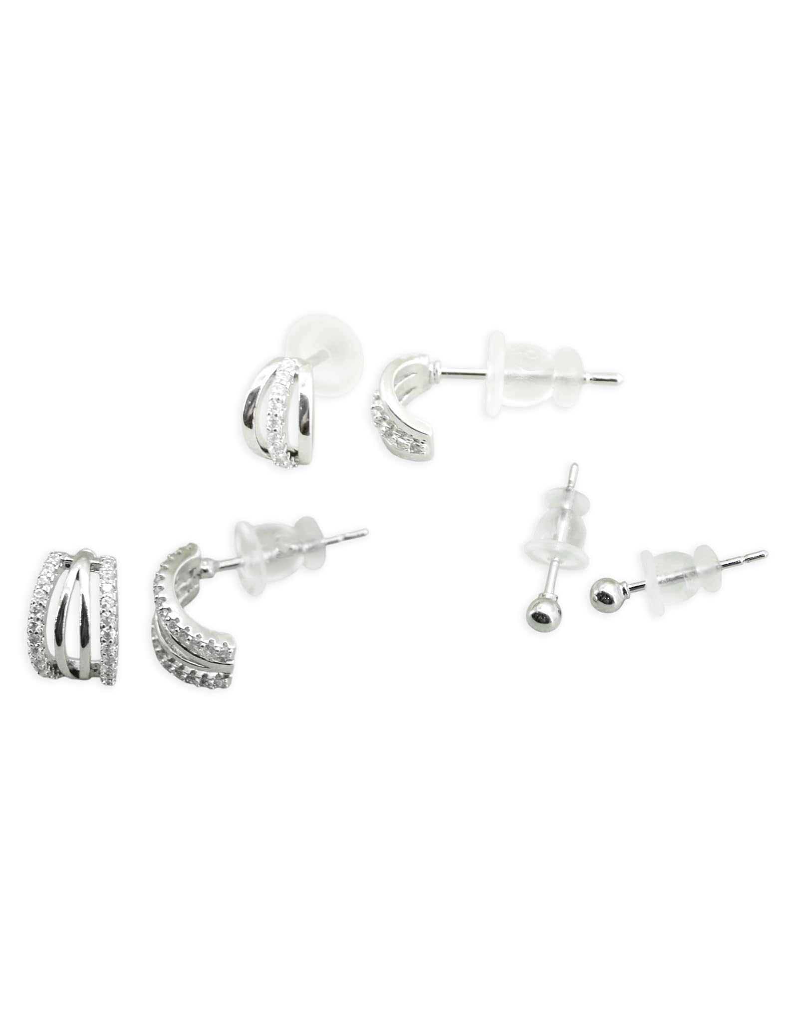 Saloni Fashion Jewellery Fancy Cuff Shape CZ Studded Combo of 3 Silver Plated Stud Earring For Women and Girls