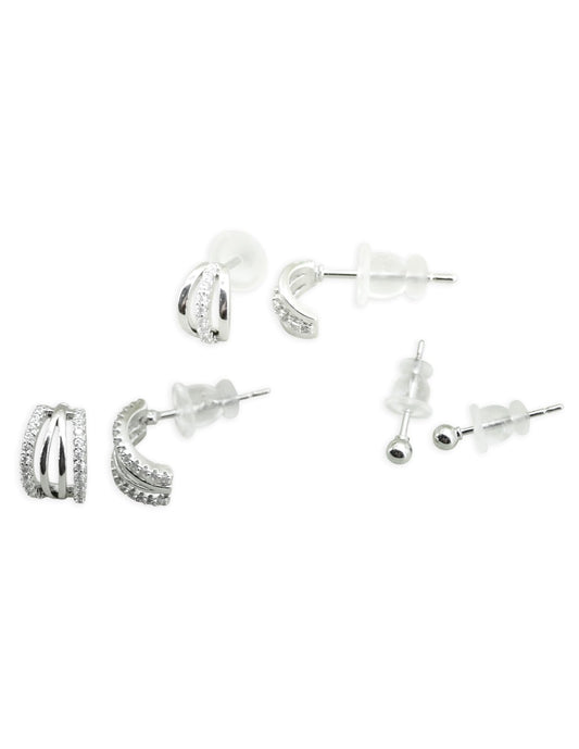 Saloni Fashion Jewellery Fancy Cuff Shape CZ Studded Combo of 3 Silver Plated Stud Earring For Women and Girls
