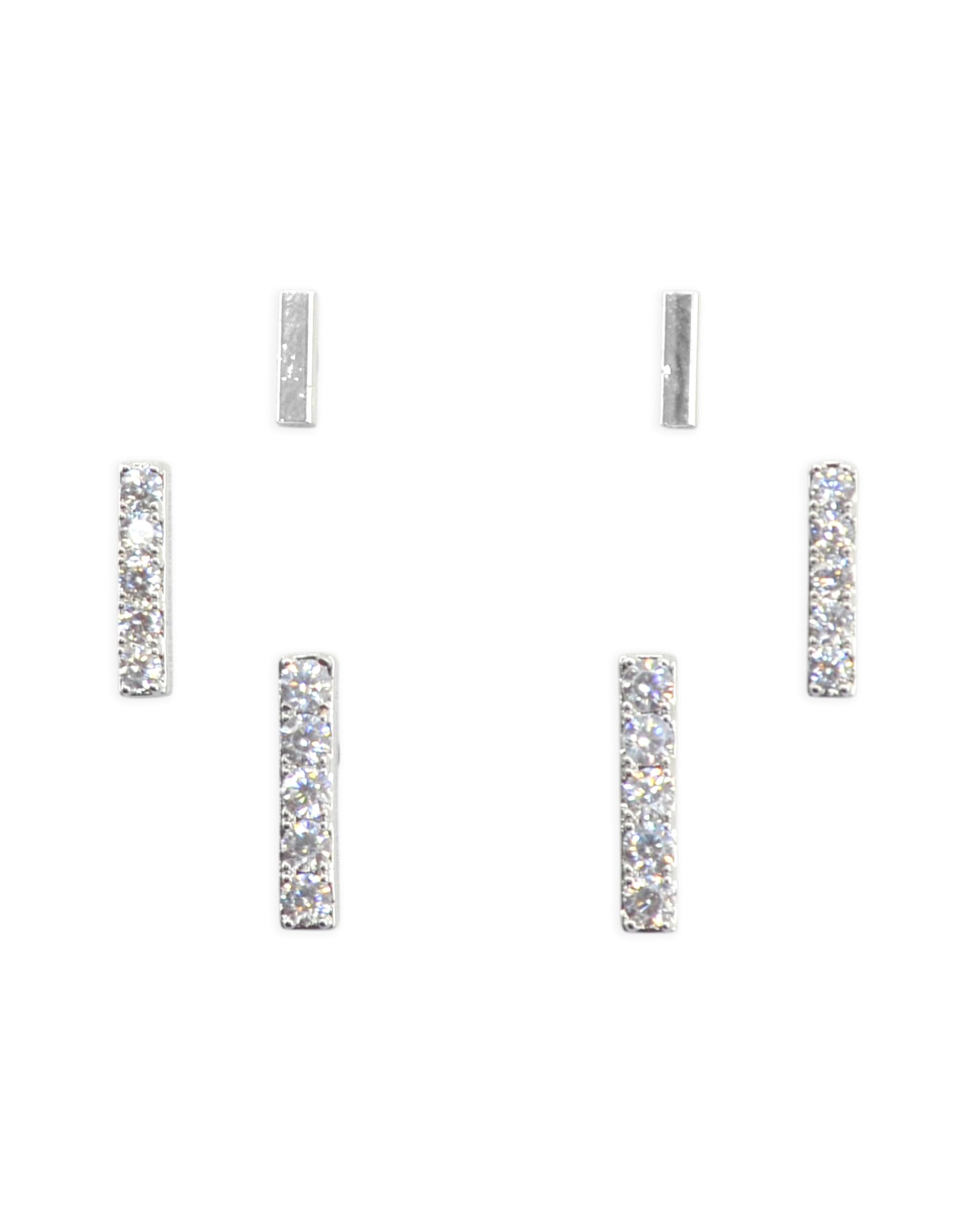 Saloni Fashion Jewellery Modern Straight Bar CZ Brass Silver Plated Set of 3 Combo Stud Earring For Women and Girls