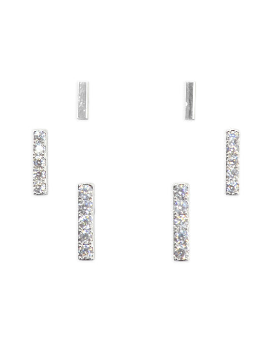 Saloni Fashion Jewellery Modern Straight Bar CZ Brass Silver Plated Set of 3 Combo Stud Earring For Women and Girls