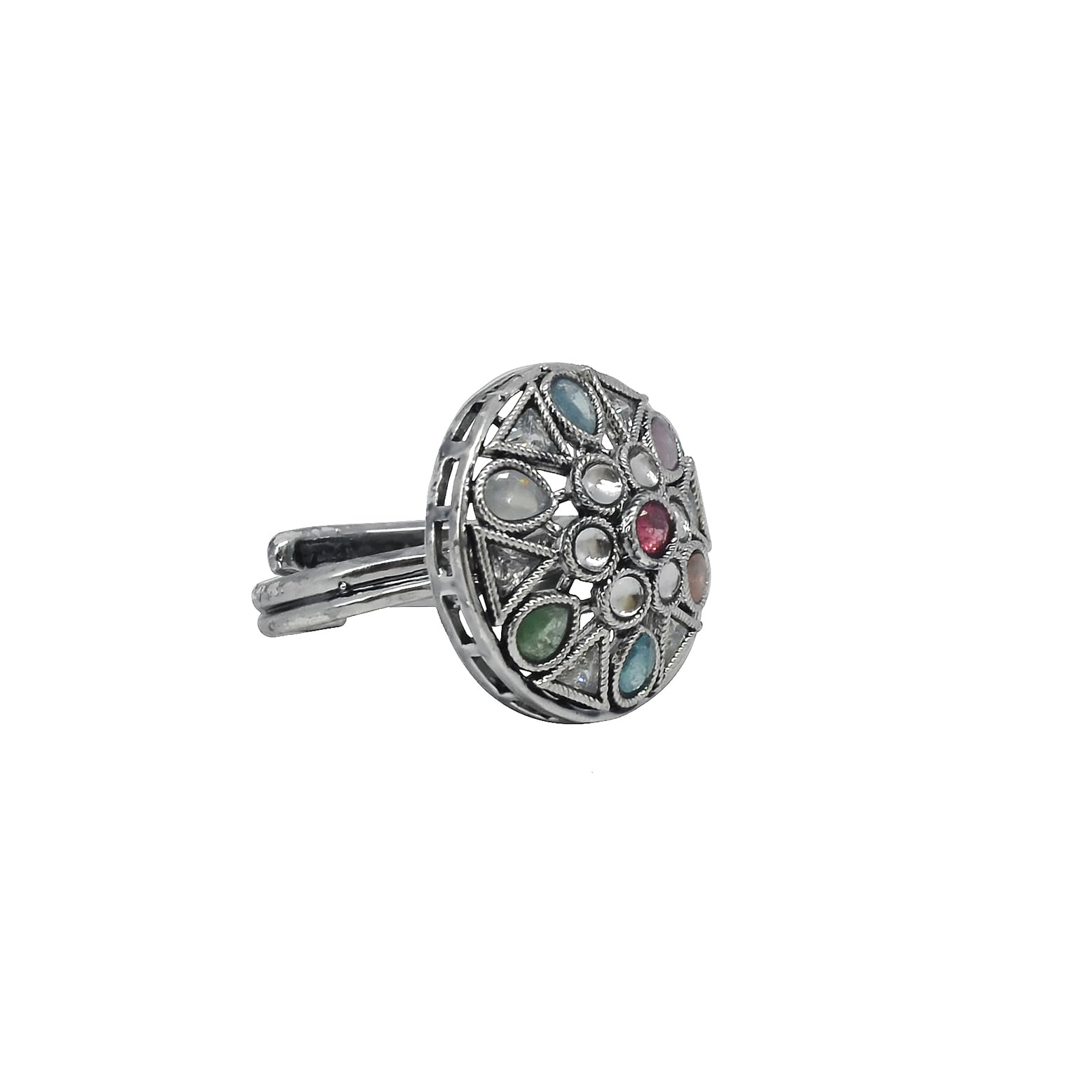 Saloni Fashion Jewellery Stylish Oval and Round Shape Silver Plated Kundan Stone Adjustable Finger Ring For Women and Girls