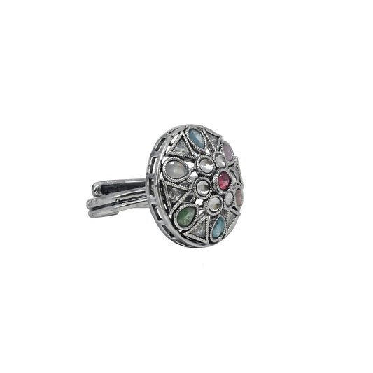 Saloni Fashion Jewellery Stylish Oval and Round Shape Silver Plated Kundan Stone Adjustable Finger Ring For Women and Girls