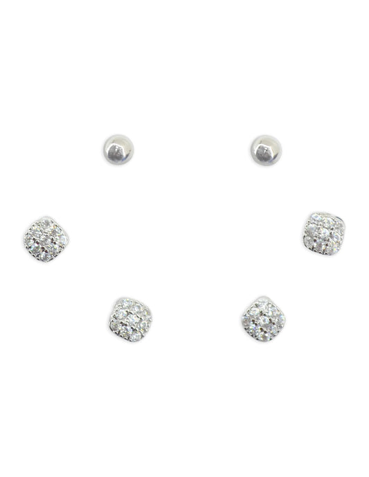Saloni Fashion Jewellery Stylish Round Shape CZ Brass Silver Plated Set of 3 Combo Stud Earring For Women and Girls