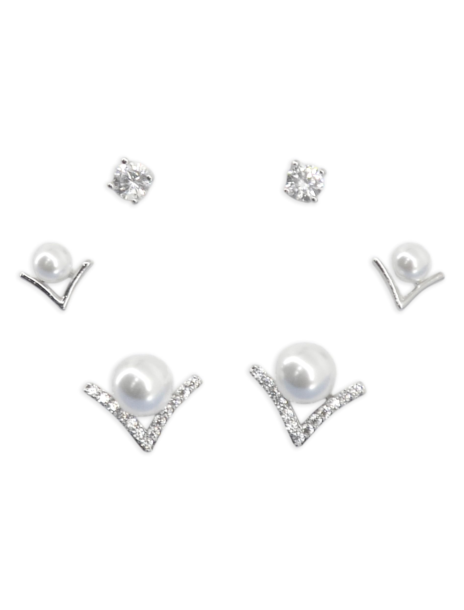 Saloni Fashion Jewellery Royal "V" Shape Pearl Brass Silver Plated Set of 3 Combo Stud Earring For Women and Girls