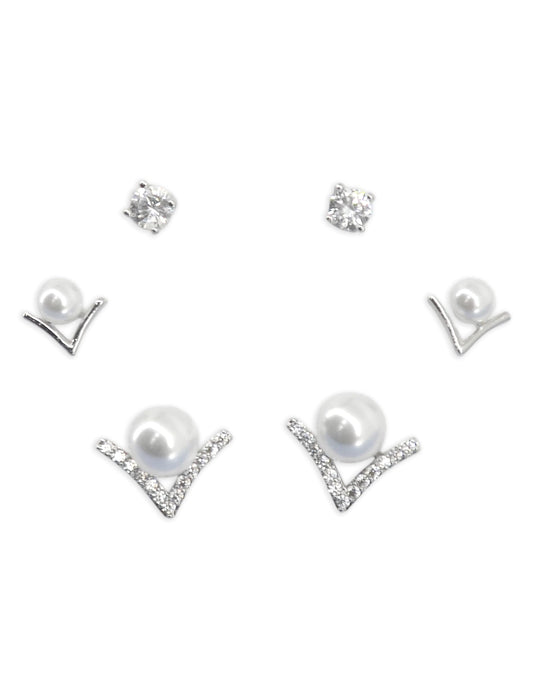 Saloni Fashion Jewellery Royal "V" Shape Pearl Brass Silver Plated Set of 3 Combo Stud Earring For Women and Girls