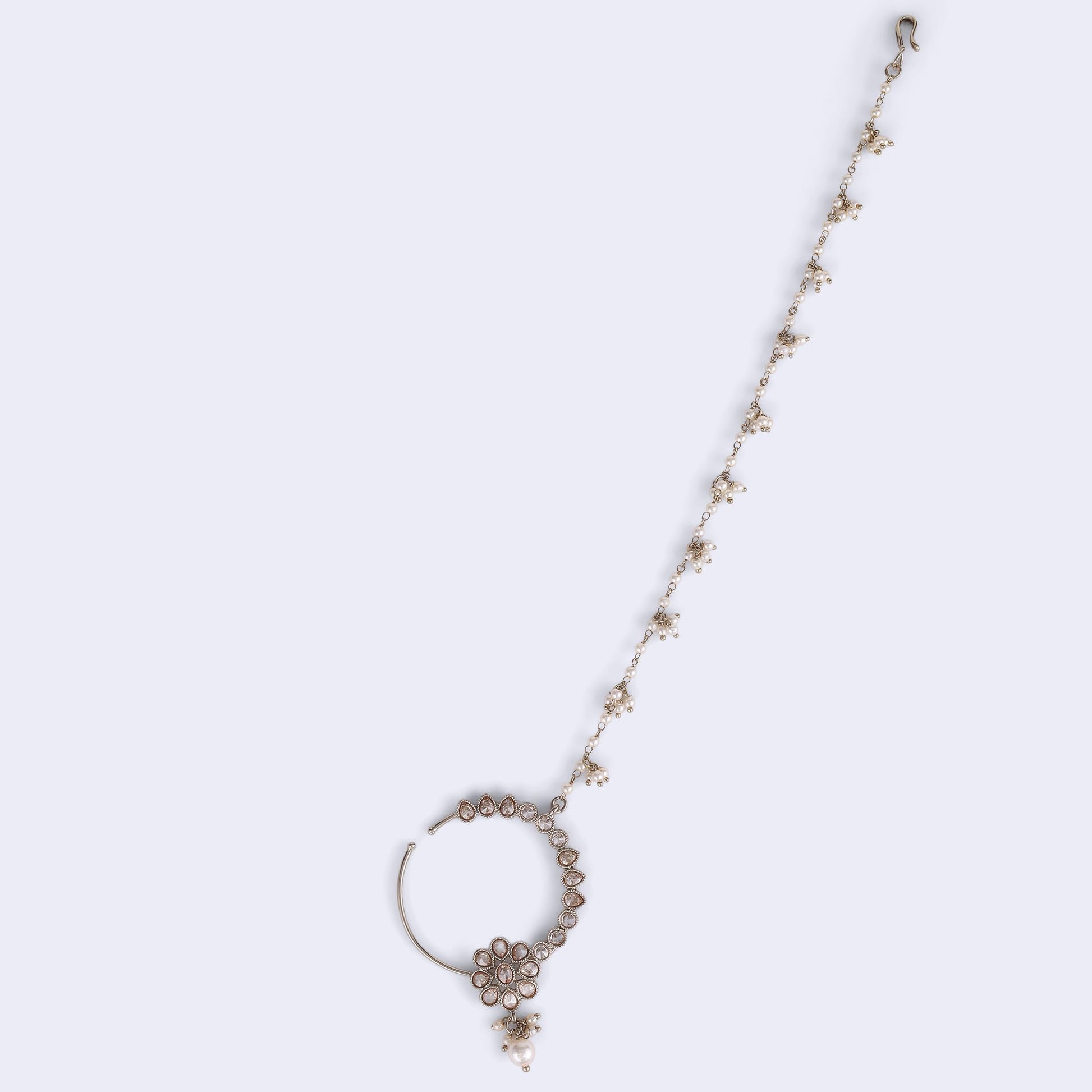 Saloni Fashion Jewellery Traditional Flower and Oval Shape Crystal Gold Plated Nose Ring with Chain (Nathiya) For Women